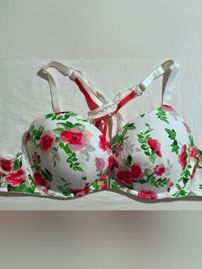 Cacique White Floral Lace Racerback Push-Up Bra , Boost Plunge, Size 42C